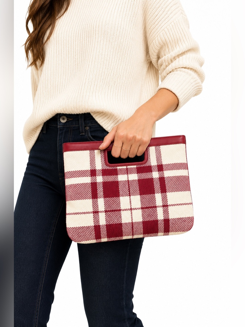 Banana Republic Red Cream Plaid Tartan Clutch Top Handle Bag